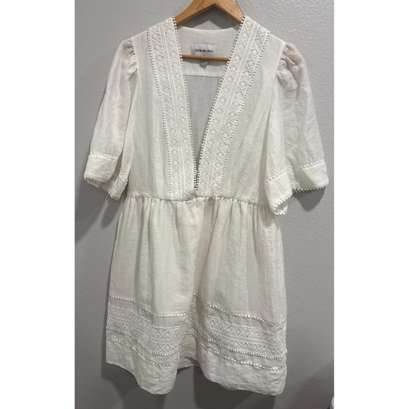 Sabina Musayev Dresses & Skirts - Sabina Musayev White Pom-Pom Crochet Trim Ruffle Tiered Mini Dress V-Neck Size L